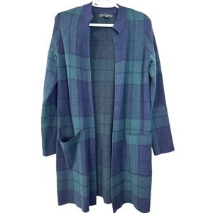 Tahari Plaid Open Front Long Cardigan Sweater Womens Size Small Navy Green